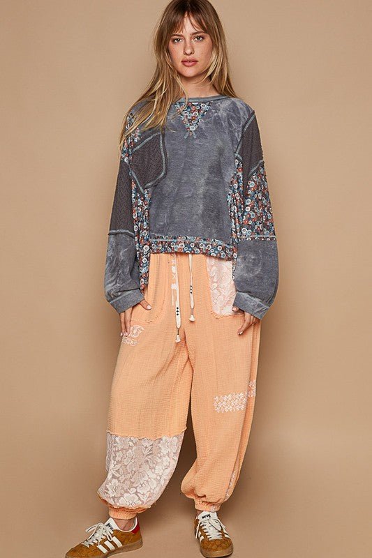 POL - Gray Floral Patchwork Knit Top