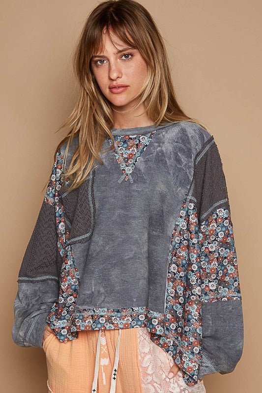 POL - Gray Floral Patchwork Knit Top