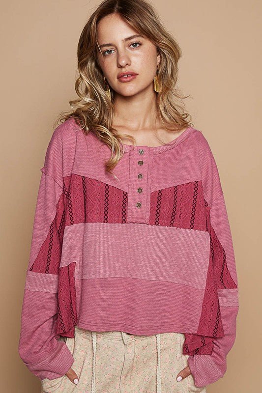 POL - Half Button Knit Top in Cerise