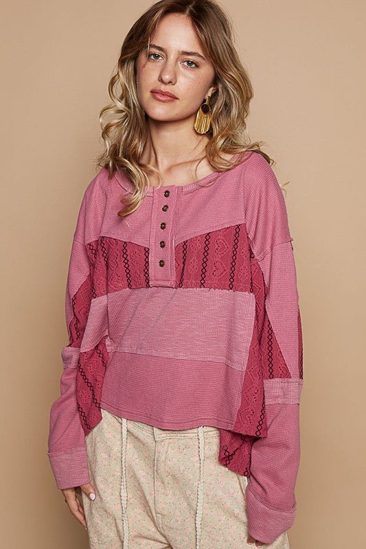 POL - Half Button Knit Top in Cerise