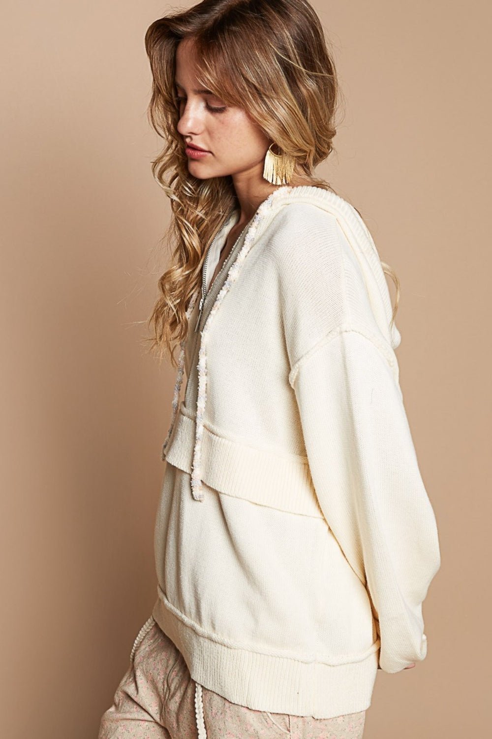 POL - Half Zip Drop Shoulder Hooded Sweater in Provence Cream