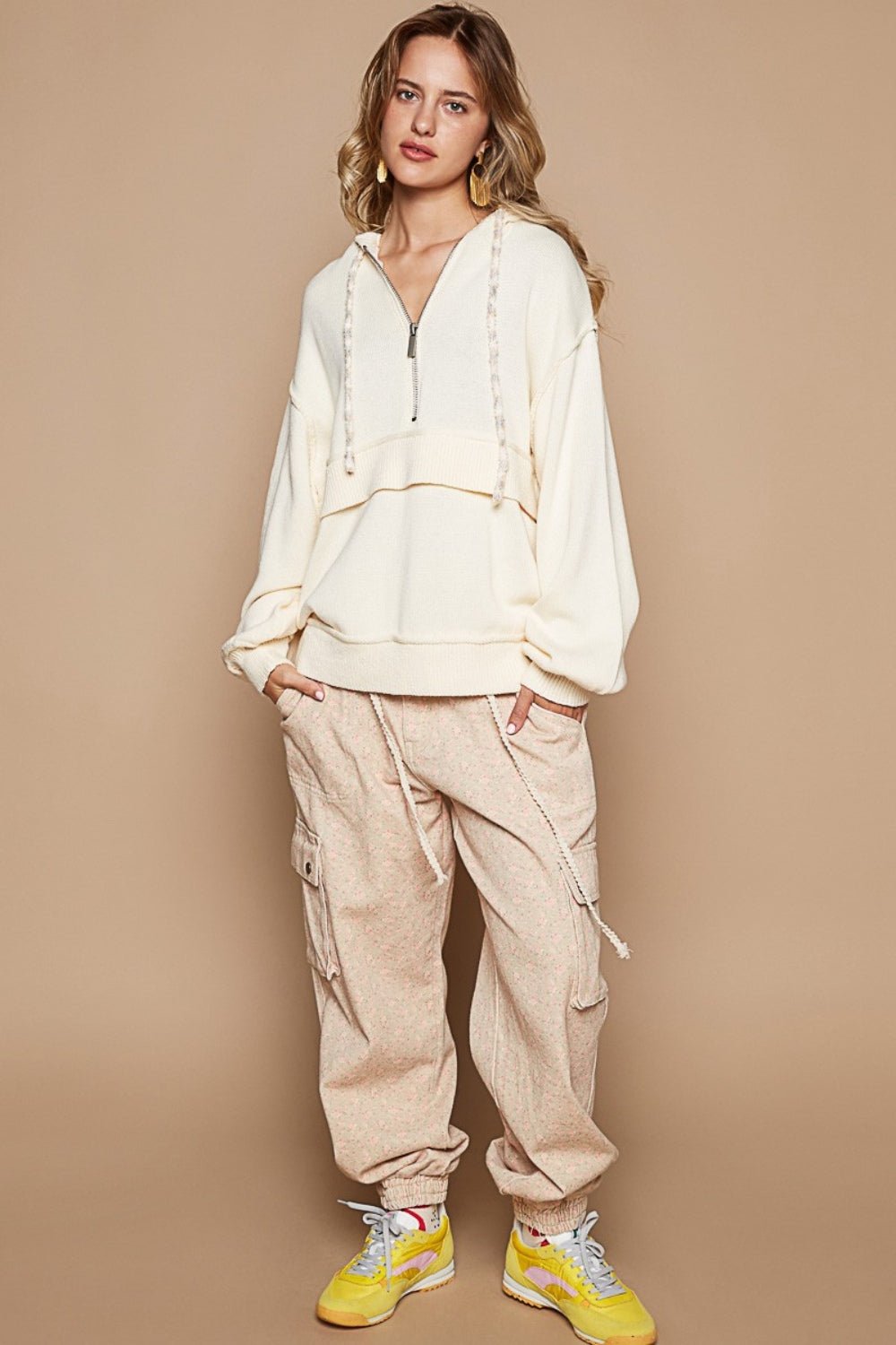 POL - Half Zip Drop Shoulder Hooded Sweater in Provence Cream