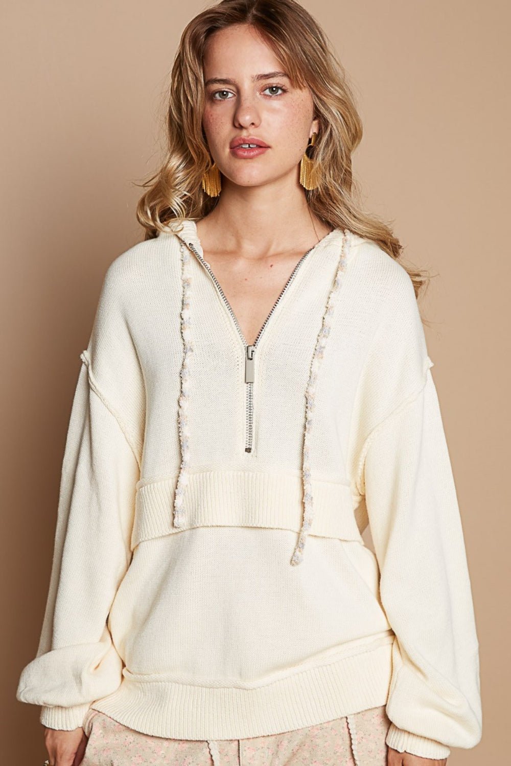 POL - Half Zip Drop Shoulder Hooded Sweater in Provence Cream