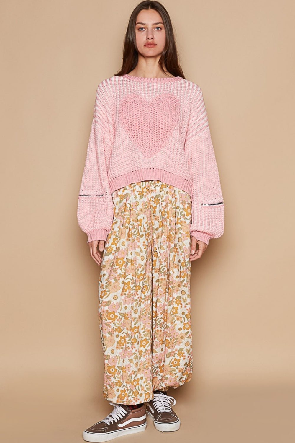 POL - Heart Patch Zipper Detail Sweater in Candy Pink