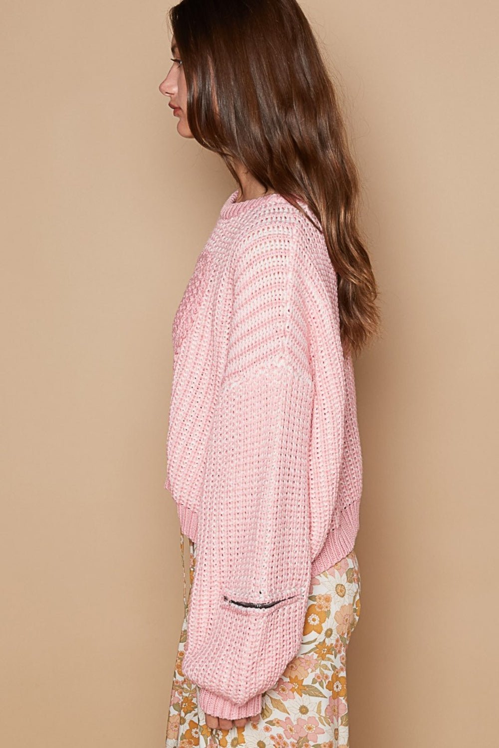 POL - Heart Patch Zipper Detail Sweater in Candy Pink