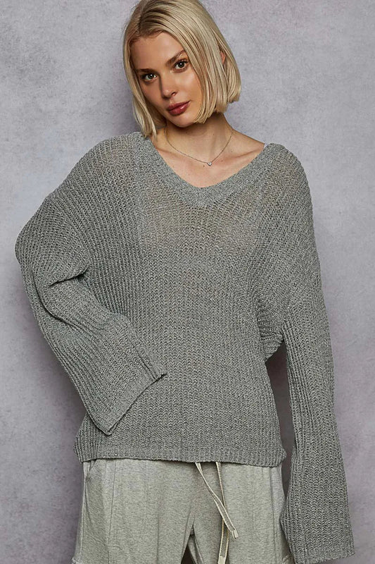 POL - Heather Gray Wide Sleeve Knit Sweater