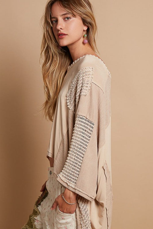 POL - High - Low Hem V - Neck Top in Latte