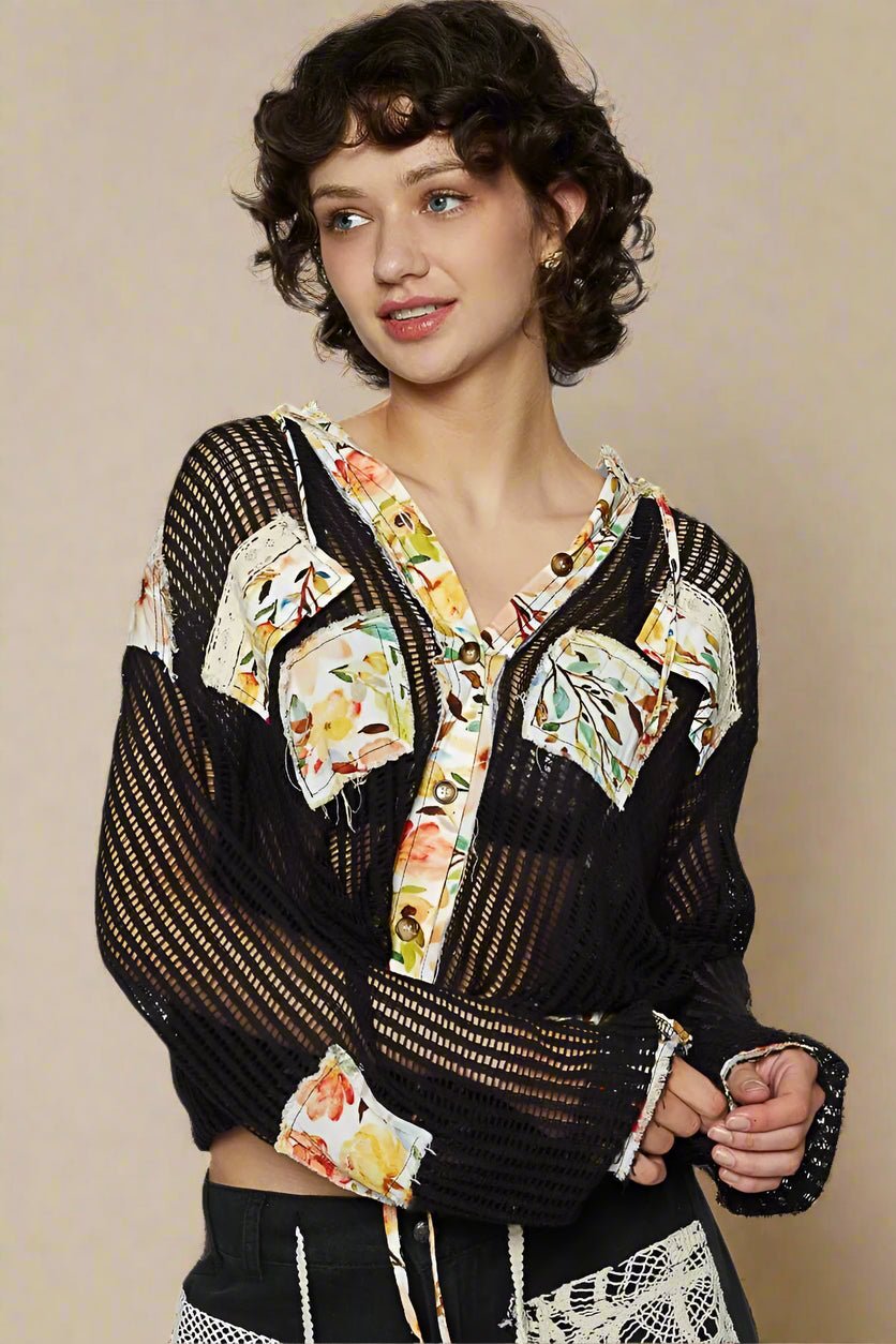 POL - Hooded Mesh Patchwork Shirt in Black