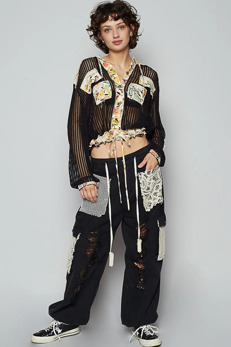 POL - Hooded Mesh Patchwork Shirt in Black