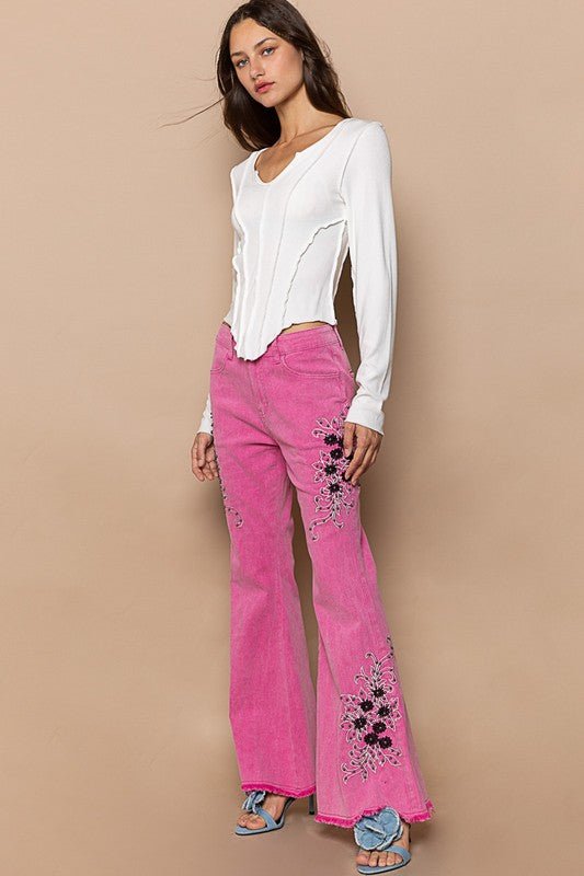 POL - Hot Pink Raw Hem Embroidered Flare Pants