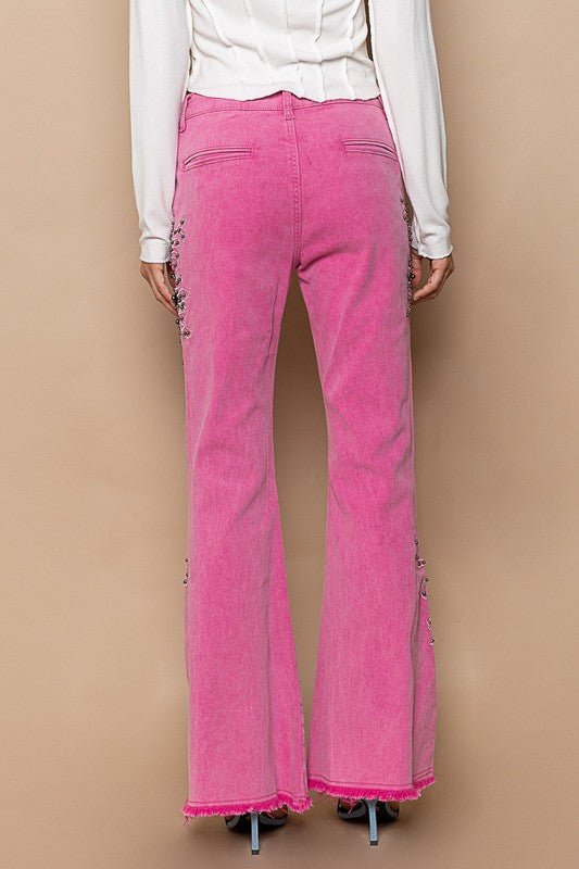 POL - Hot Pink Raw Hem Embroidered Flare Pants