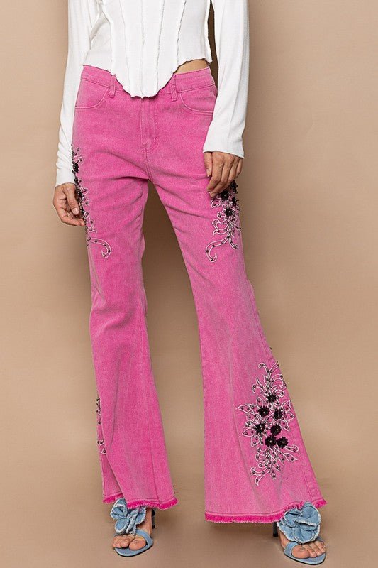 POL - Hot Pink Raw Hem Embroidered Flare Pants