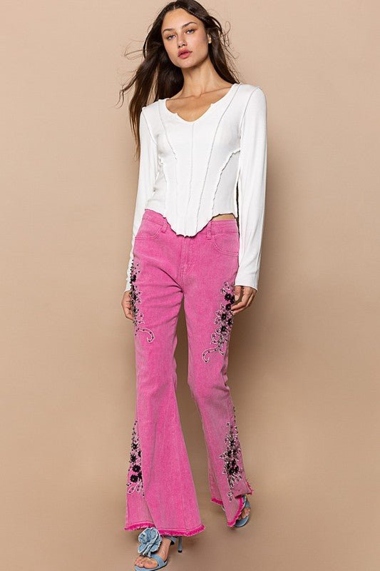 POL - Hot Pink Raw Hem Embroidered Flare Pants