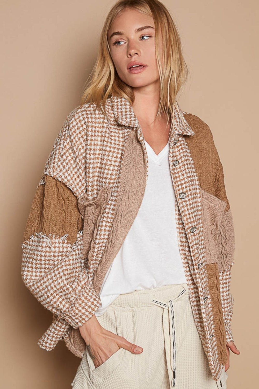 POL - Houndstooth Contrast Cable Knit Shacket in Mocha