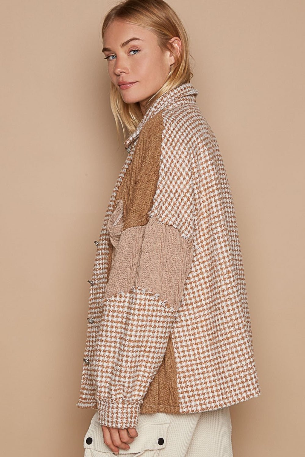 POL - Houndstooth Contrast Cable Knit Shacket in Mocha