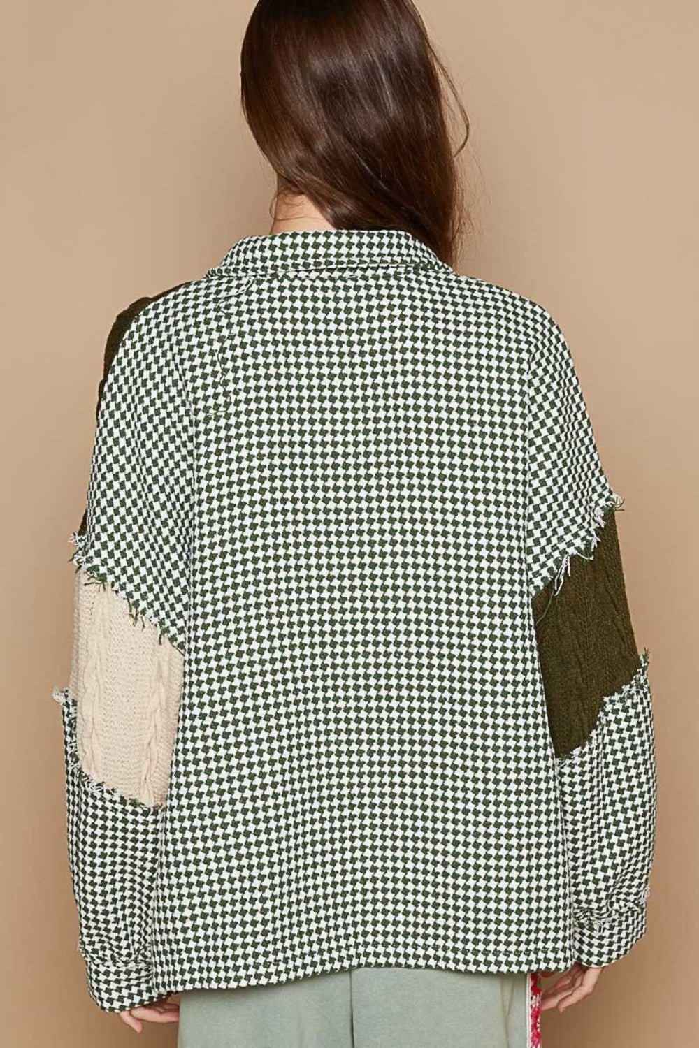 POL - Houndstooth Contrast Cable Knit Shacket in Olive