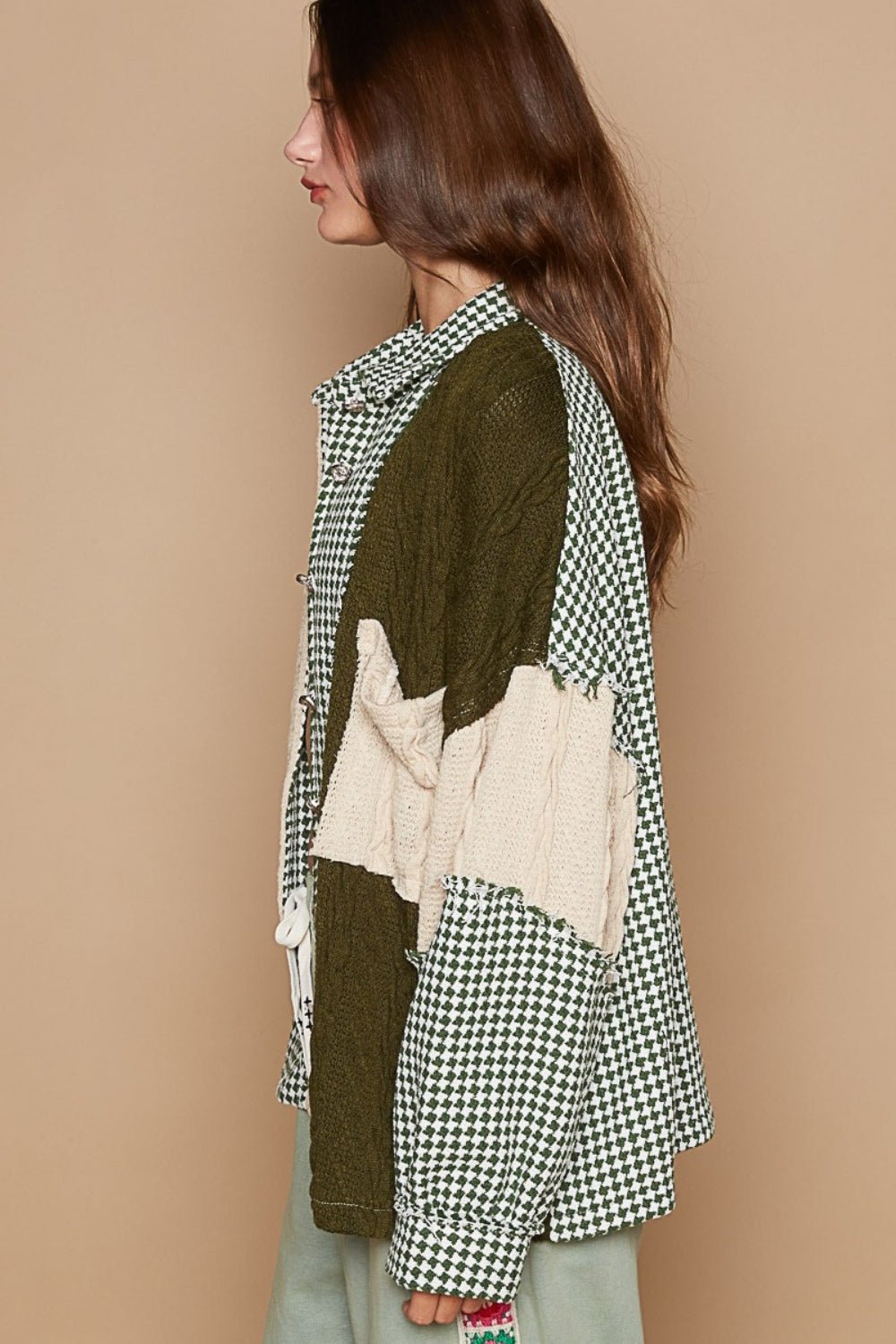 POL - Houndstooth Contrast Cable Knit Shacket in Olive