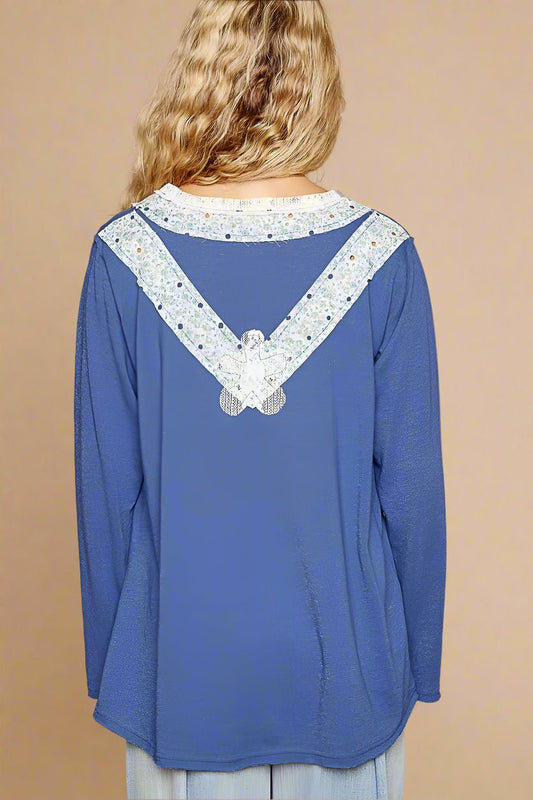 POL - Indigo V - Neck Long Sleeve Appliqué Top