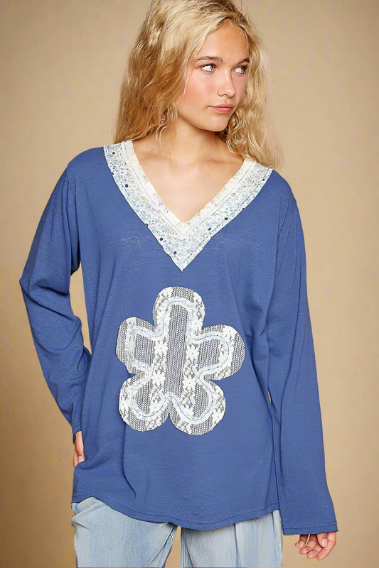 POL - Indigo V - Neck Long Sleeve Appliqué Top
