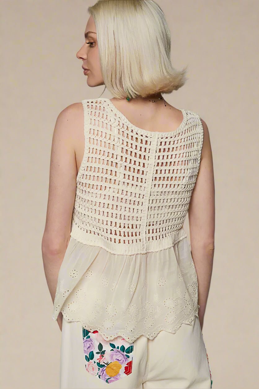 POL - Ivory Crochet Embroidered Button Front Peplum Tank Top