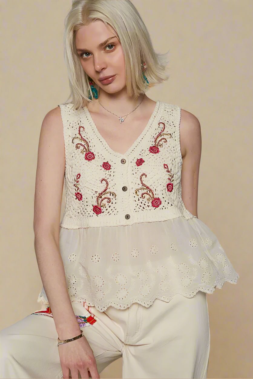 POL - Ivory Crochet Embroidered Button Front Peplum Tank Top