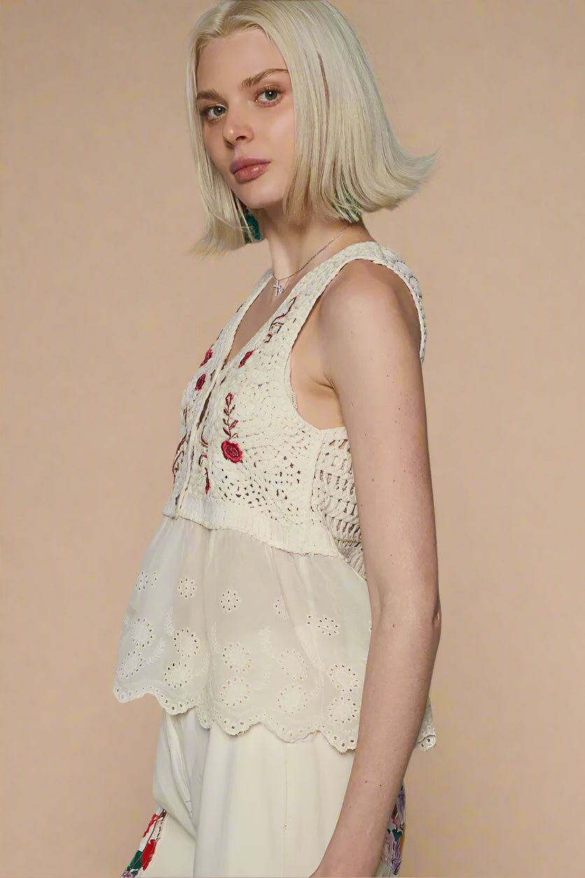 POL - Ivory Crochet Embroidered Button Front Peplum Tank Top