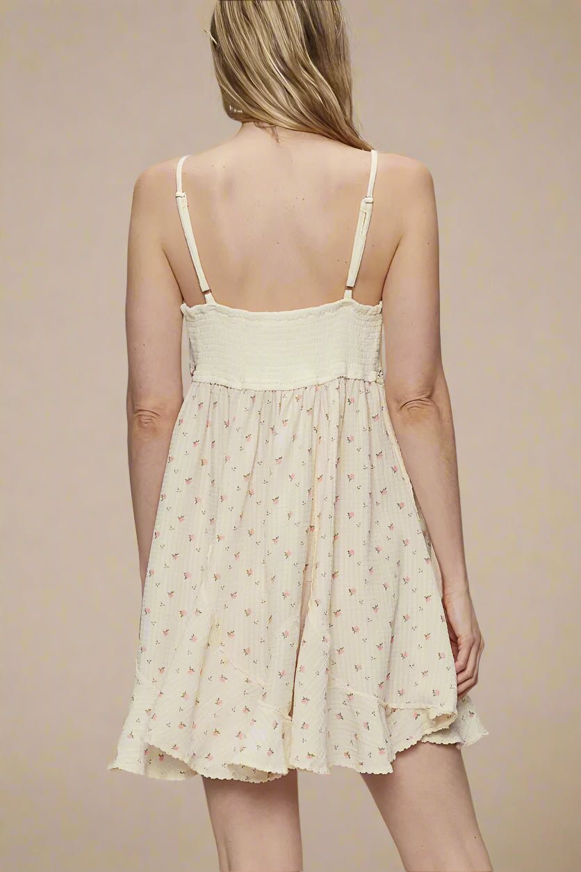 POL - Ivory Floral Embroidered Smocked Babydoll Mini Dress