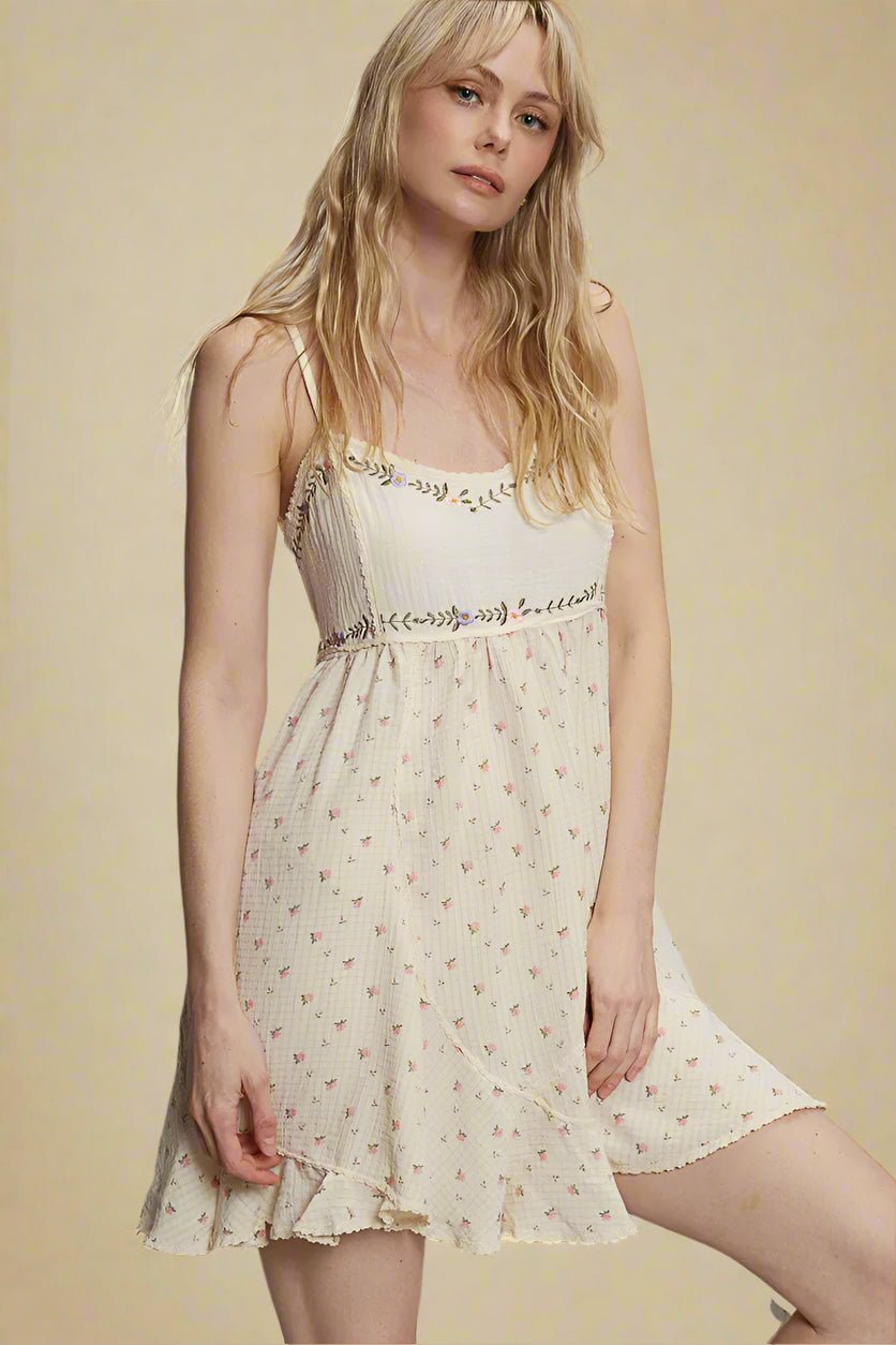 POL - Ivory Floral Embroidered Smocked Babydoll Mini Dress