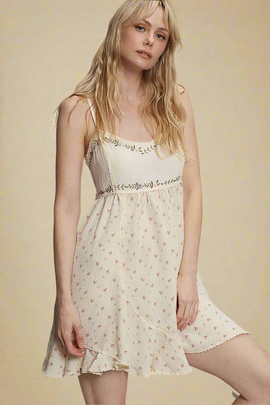 POL - Ivory Floral Embroidered Smocked Babydoll Mini Dress