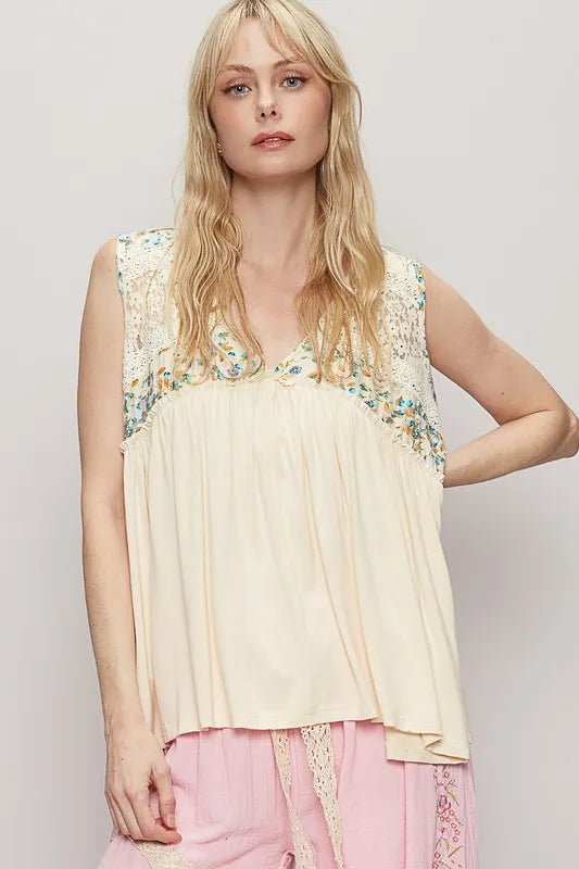 POL - Ivory Lace & Floral Yoke Babydoll Top