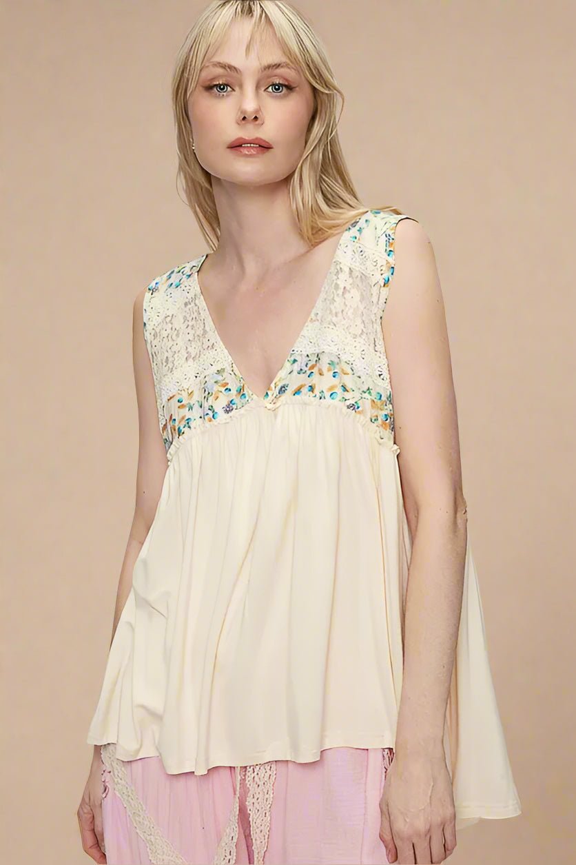 POL - Ivory Lace & Floral Yoke Babydoll Top