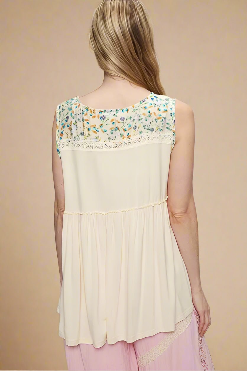 POL - Ivory Lace & Floral Yoke Babydoll Top