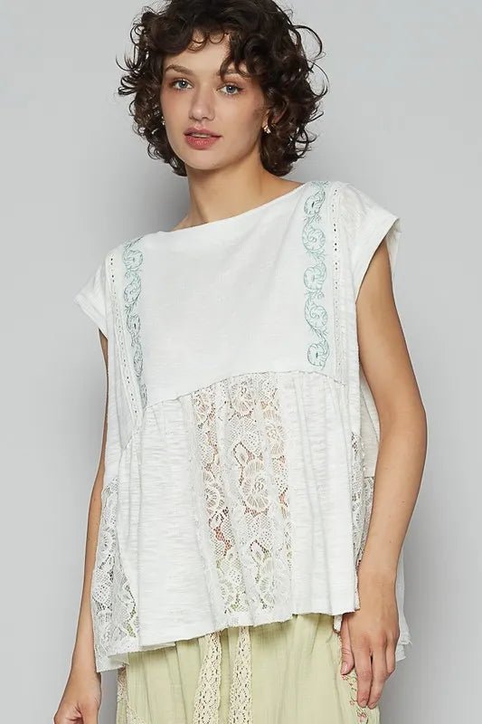 POL - Ivory Lace Patchwork Cap Sleeve Top