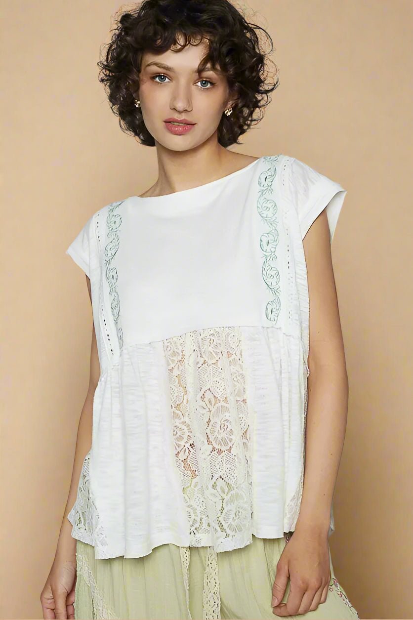 POL - Ivory Lace Patchwork Cap Sleeve Top