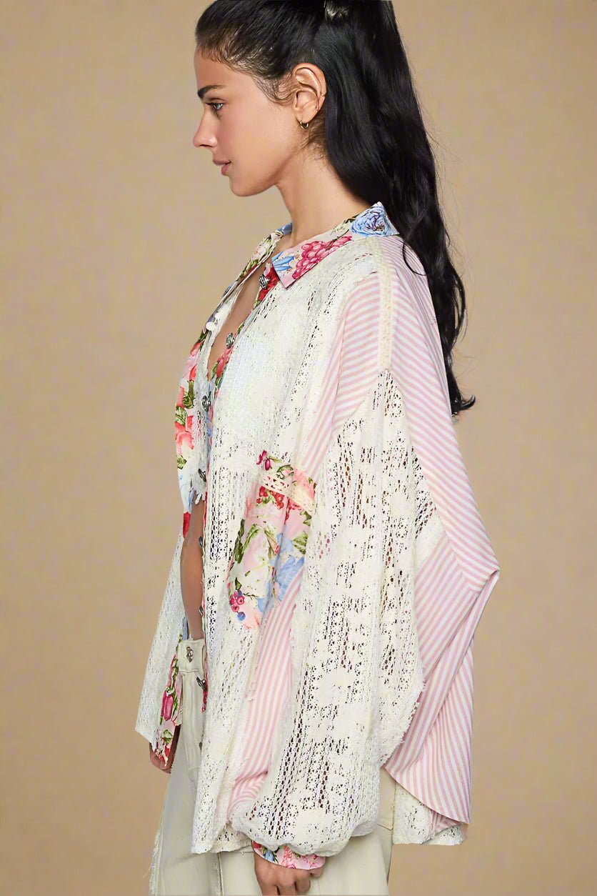 POL - Ivory & Pink Stripe Floral Patchwork Button Down Shirt