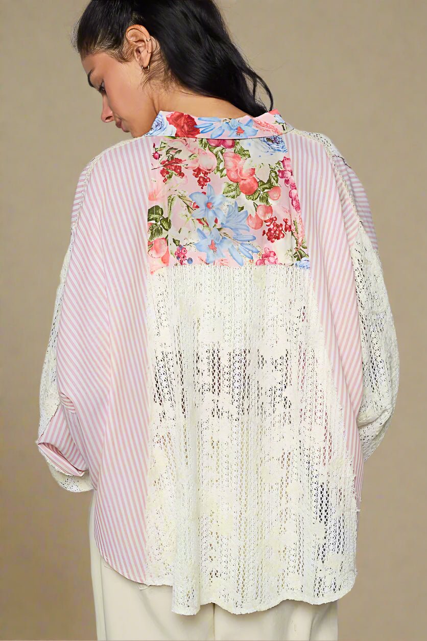 POL - Ivory & Pink Stripe Floral Patchwork Button Down Shirt