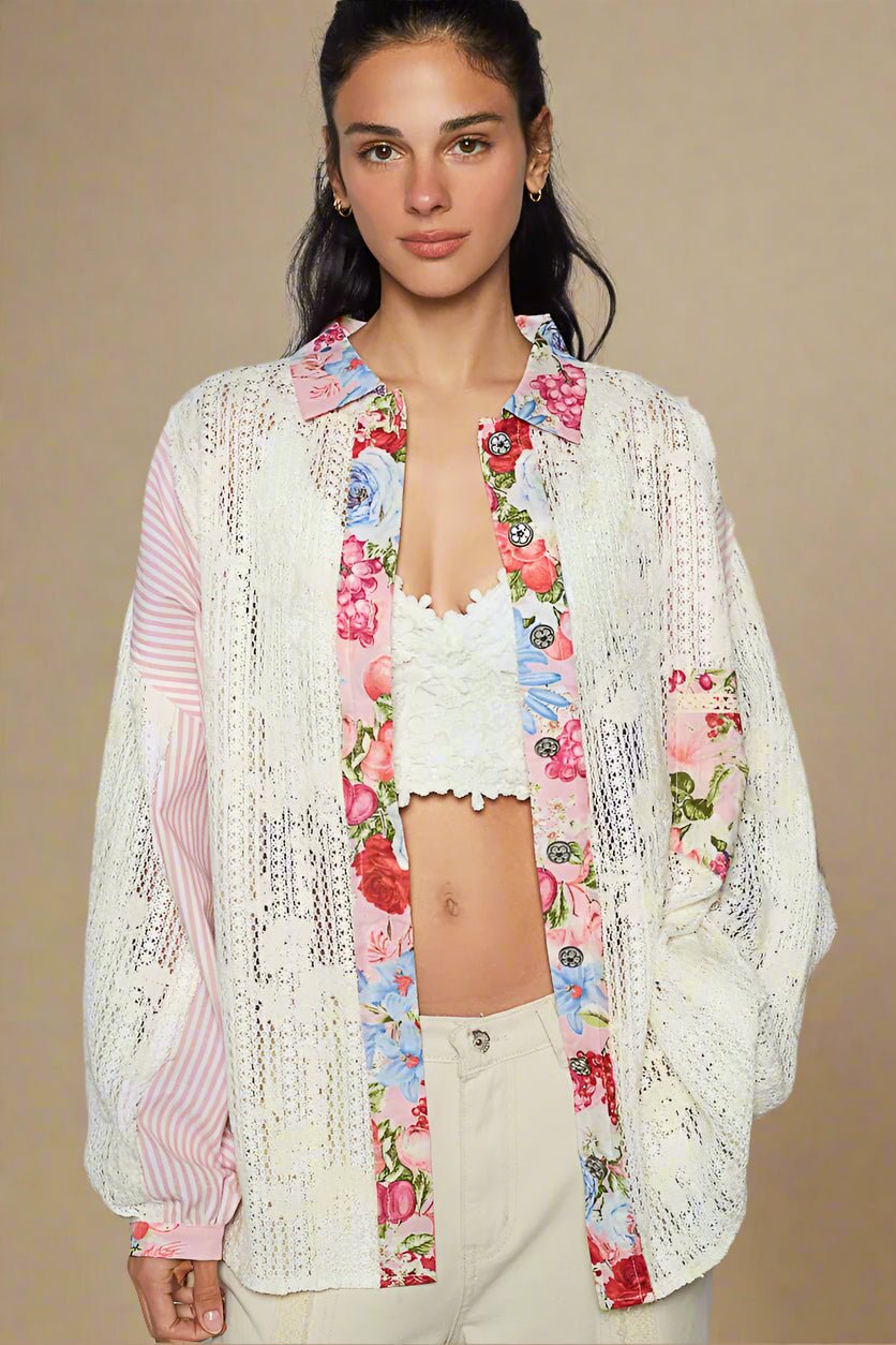 POL - Ivory & Pink Stripe Floral Patchwork Button Down Shirt