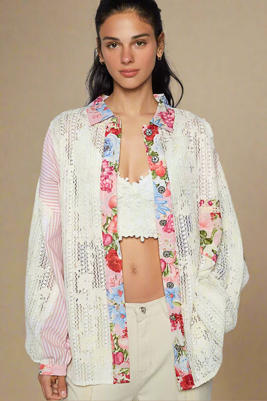 POL - Ivory & Pink Stripe Floral Patchwork Button Down Shirt