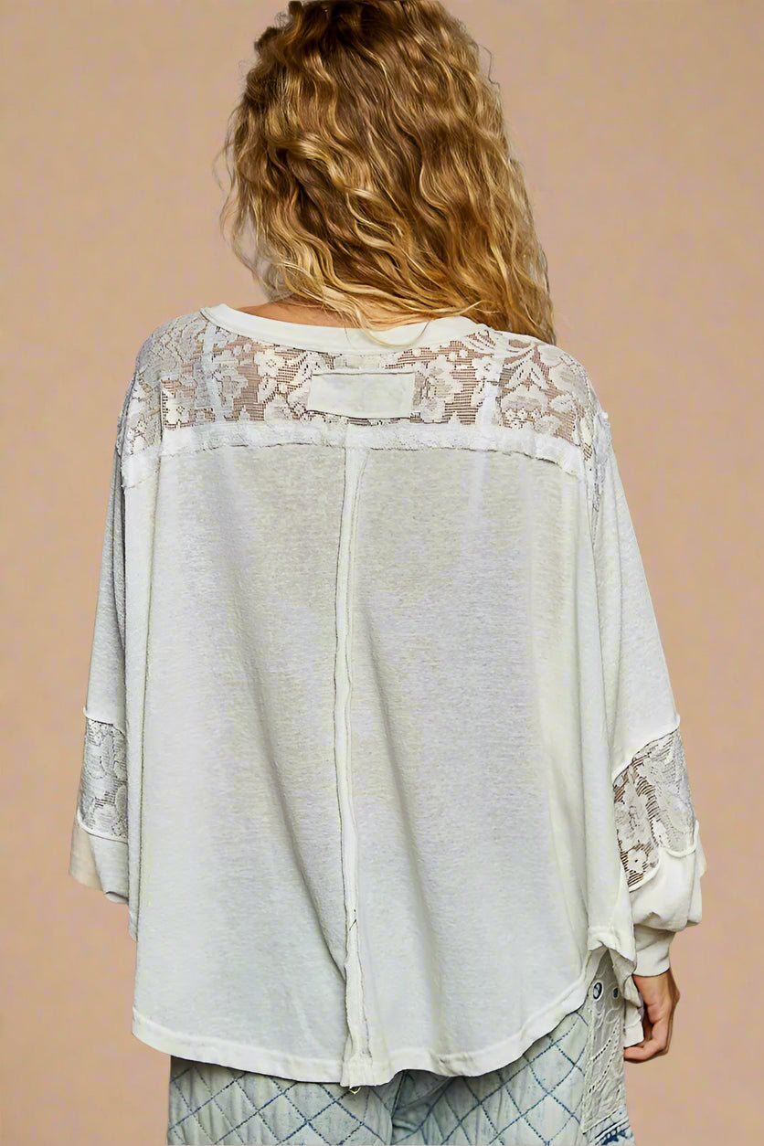 POL - Ivory V - Neck Lace Panel Oversized Pullover Top