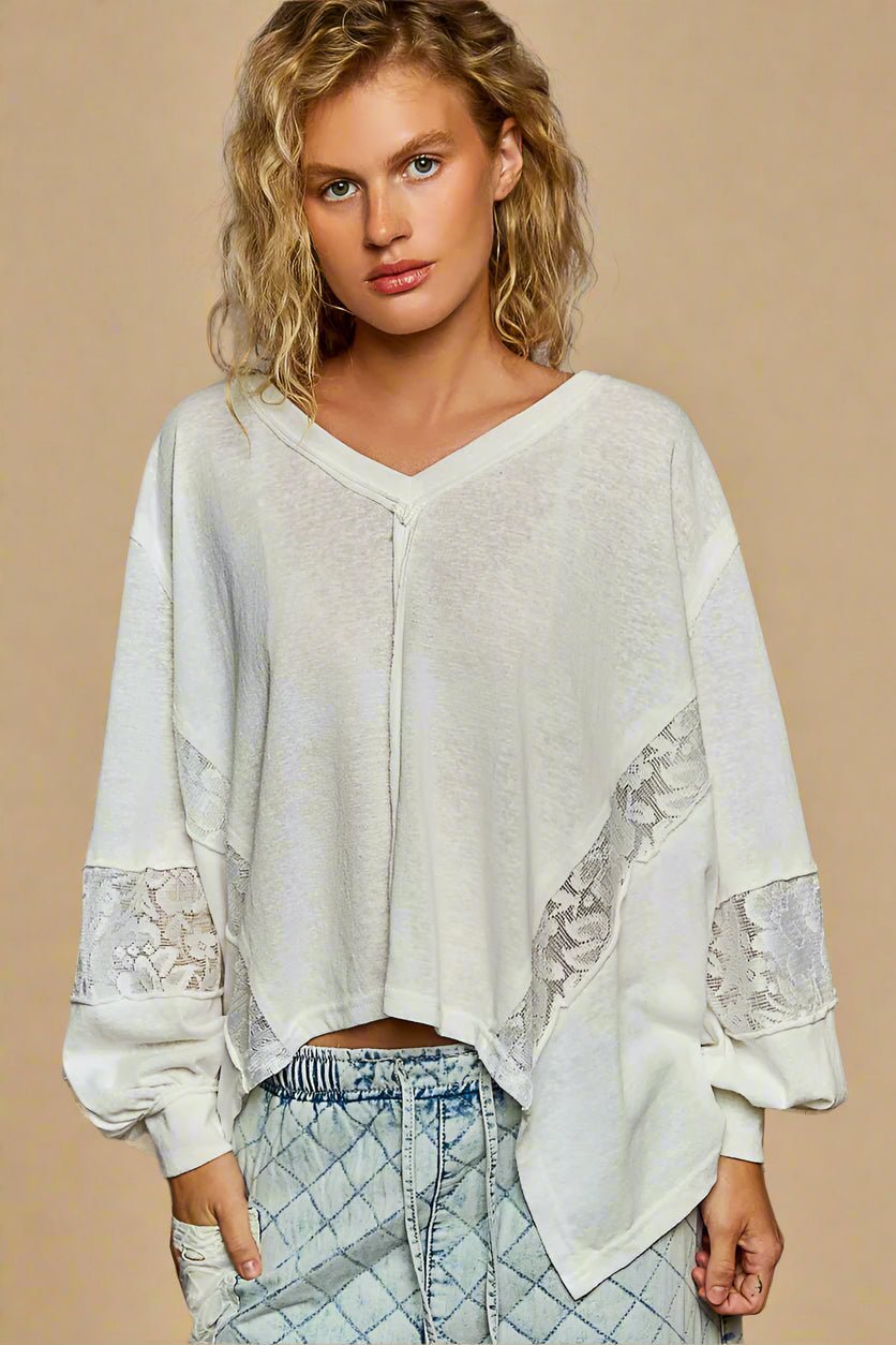 POL - Ivory V - Neck Lace Panel Oversized Pullover Top