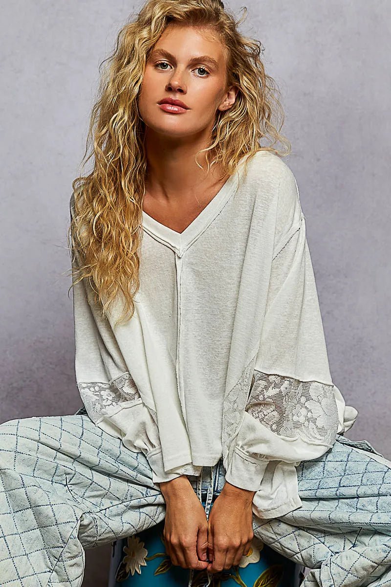 POL - Ivory V - Neck Lace Panel Oversized Pullover Top