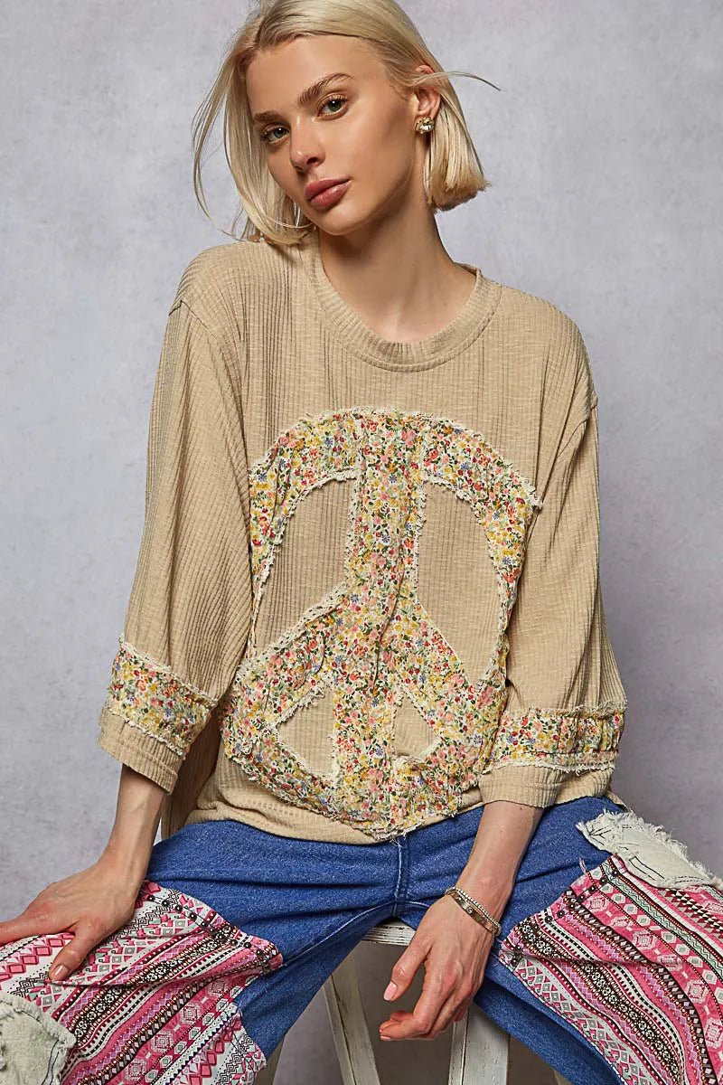 POL - Khaki Floral Patch Peace Sign Oversized Top