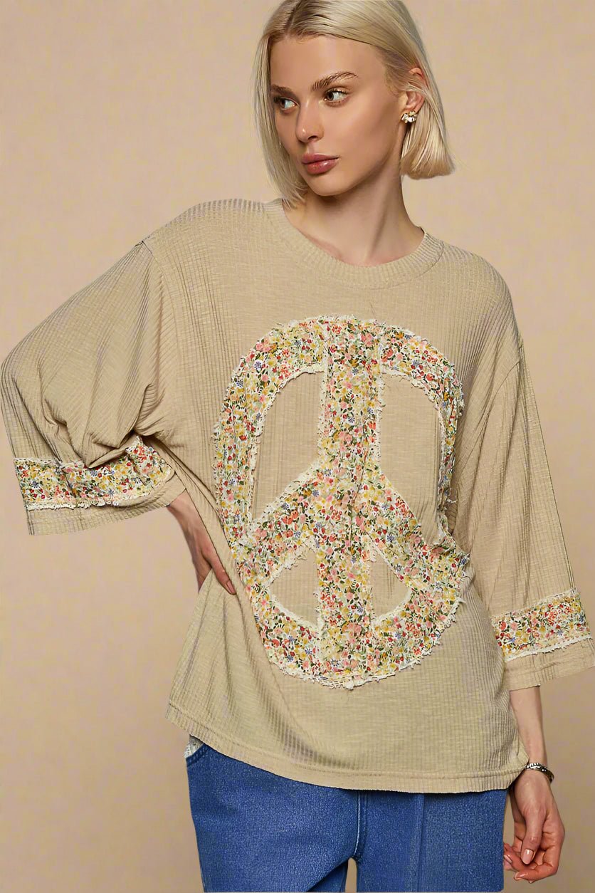 POL - Khaki Floral Patch Peace Sign Oversized Top