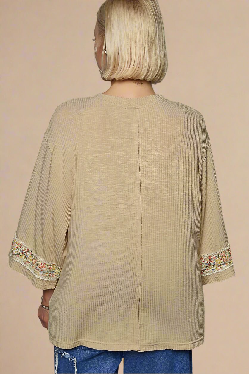 POL - Khaki Floral Patch Peace Sign Oversized Top