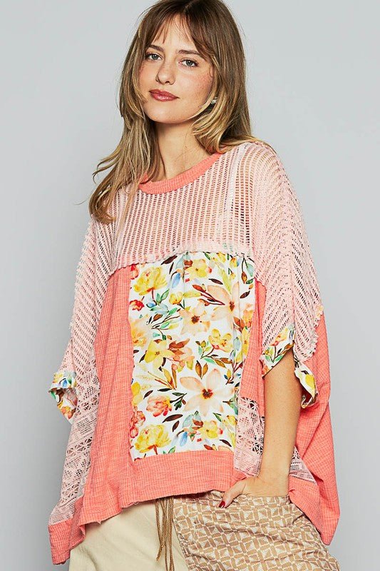 POL - Lace Detail Floral Half Sleeve Knit Top in Coral