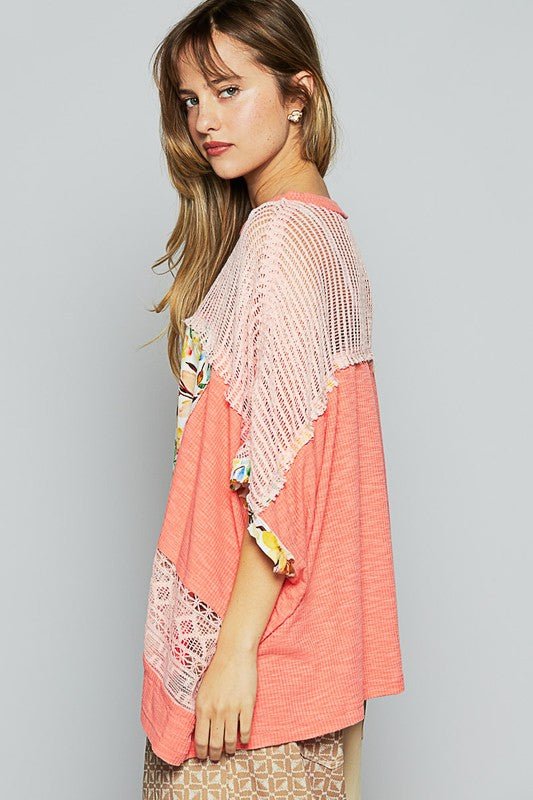 POL - Lace Detail Floral Half Sleeve Knit Top in Coral