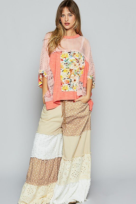 POL - Lace Detail Floral Half Sleeve Knit Top in Coral