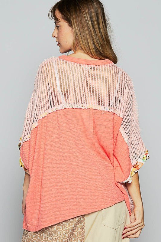 POL - Lace Detail Floral Half Sleeve Knit Top in Coral