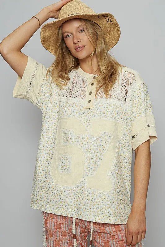 POL - Lace Detail Jersey Top in Cream Ditsy