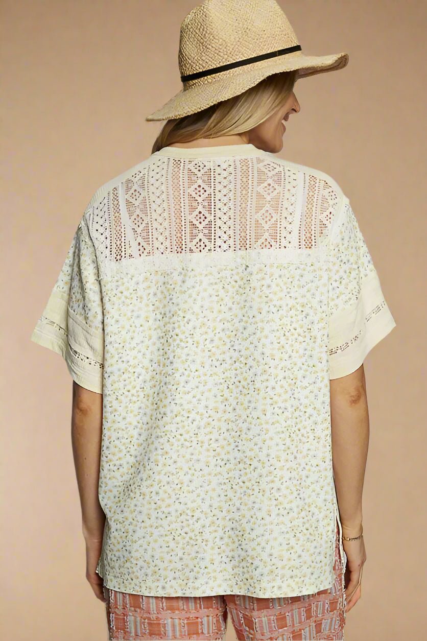 POL - Lace Detail Jersey Top in Cream Ditsy